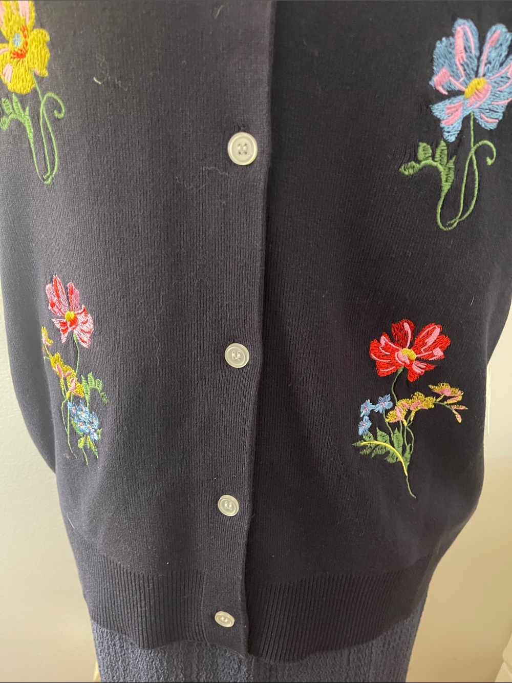 Navy Blue Floral Embroidered Button Cardigan - Picture 3 of 9
